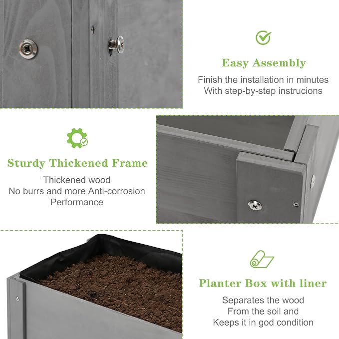Raised Garden Bed with Legs, 31x16x31'', Outdoor Wood Elevated Planter Box, Grey Cedar, Thick Legs, w/Liner