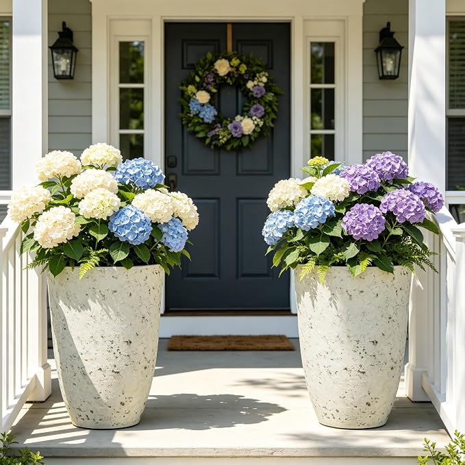 19.5" Tall Resin Planters Set of 2, Faux Birch Bark, White | Resin flower pot, weather and fade resistant, pre-drilled drainage with plugs,Heavy-Duty,indoor outdoor, porch patio garden