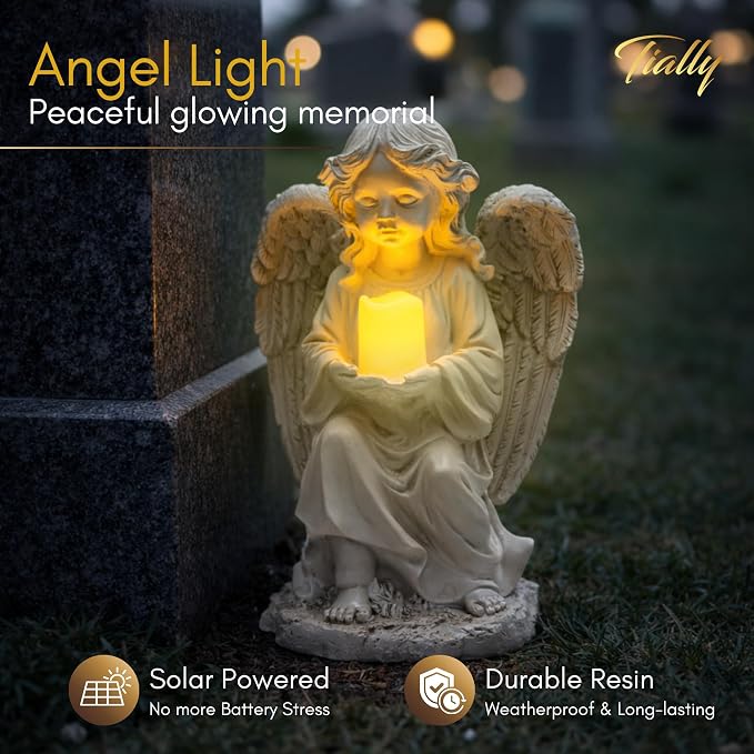 TIALLY Solar Angel Garden Statue with Glowing Candle – Large Angel Figurines with Soft Glow, Weatherproof Outdoor Statues for Memorial Decor, Yard, Lawn or Cemetery Use, Angels Gifts for Women