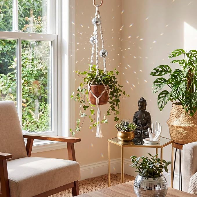 Shappy 1 Pack Boho Macrame Plant Hanger, Large Hanging Planter Plant Holder Pot Hanger Hanging Basket Wall Planters, Plants Lover Gift for Indoor Garden (Disco Ball,White)