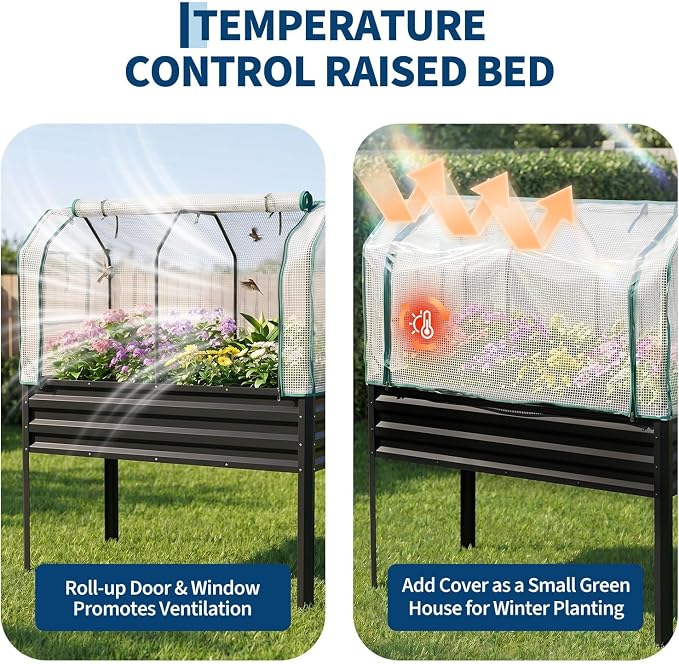 48×24×55in Large Metal Raised Garden Bed with Legs and Cover, Galvanized Oval Raised Bed Planter with Leg for Vegetables and Flowers, Build-in Spray Tube Effortless Watering | Elevated metal planter with built-in 3-spray nozzle watering system, drain t...