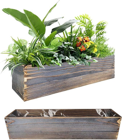 Wood Window Box Planter, 2 Pcs Rectangular Planter Boxes with Removable Plastic Liners, Herb Succulents Flowers Wooden Pot for Windowsill, Rustic Wedding Garden Table Decor, 17.3 x 3.9 x 3.9 Inches
