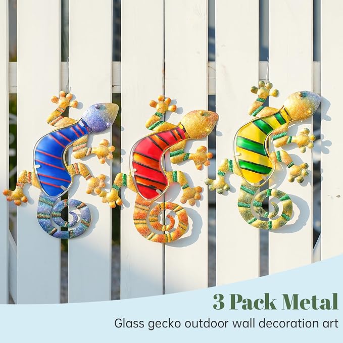 WANFSOWO 3D Metal Gecko Wall Art, Hand-Painted Colorful Lizard Wall Sculpture, Indoor Outdoor Hanging Decor for Garden Fence Patio Porch Backyard, Home Decor Gift (Style 2)