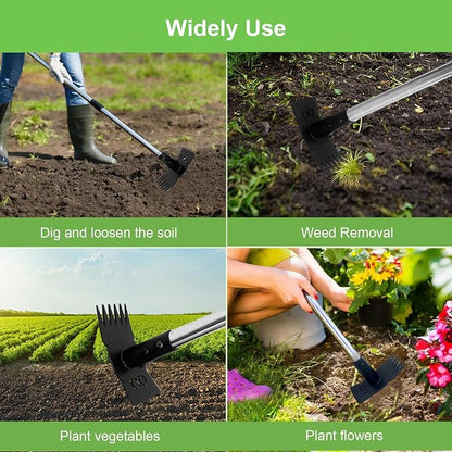 Weed Puller Tool 3 in 1 Garden Hoe & Rake, Heavy Duty Weeding Tool with Stainless Steel Long Handle, Weeder Remover Tool for Garden Yard Lawn Patio Farm, Digging, Edging
