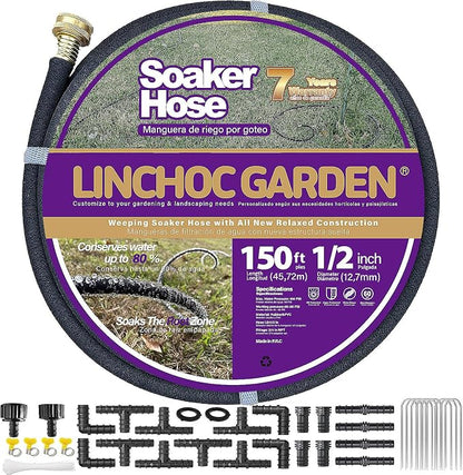 LICNCHOC GARDEN Soaker Hose 150ft,1/2 INCH Flexible Durable Garden Hose for Efficient Watering, Leak-Proof Design 100% Recycled Rubber,Ideal for Lawns,Gardens & Flower Beds
