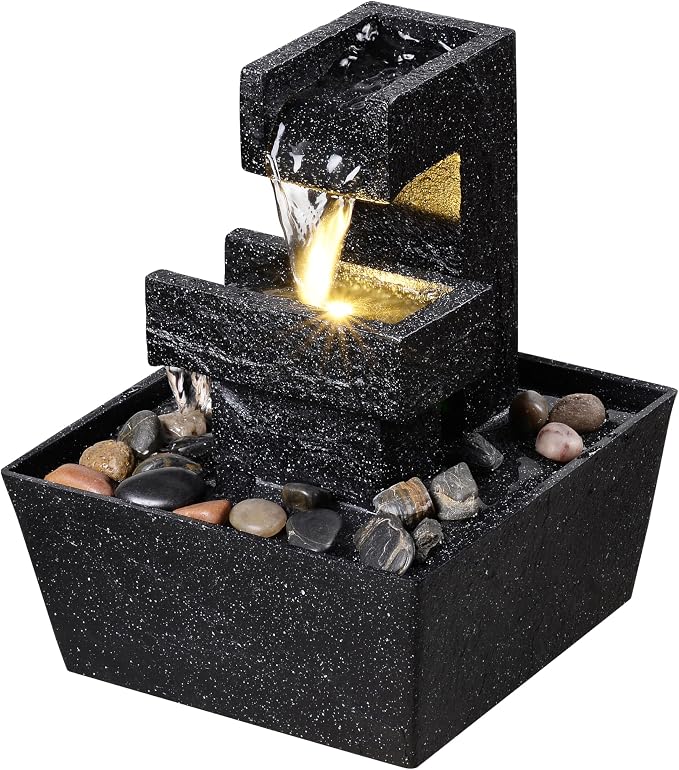8 Inch Modern Black Tabletop Water Fountain with LED Light – Indoor Waterfall Feature for Home or Office Décor, Zen Relaxation Desktop Water Fountain Outdoor