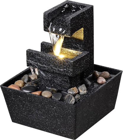 8 Inch Modern Black Tabletop Water Fountain with LED Light – Indoor Waterfall Feature for Home or Office Décor, Zen Relaxation Desktop Water Fountain Outdoor