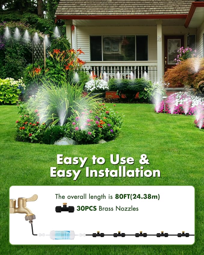 Misters for Outside Patio with Water Filter - 80Ft(24.5M) Misting System Line 30 Brass Mist Nozzles Brass Adapter(3/4") Patio Misters for Cooling Outdoor Greenhouse Backyard Porch Garden Party Pool