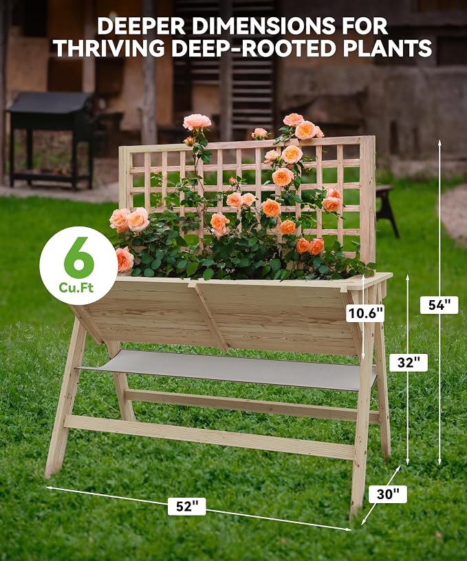 GarveeHome 52x30x54 in Raised Garden Bed with Legs, Elevated Wooden Raised Planter Box with Vine Climbing Trellis Outdoor Standing Growing Bed for Growing Vegetables Flowers Herbs