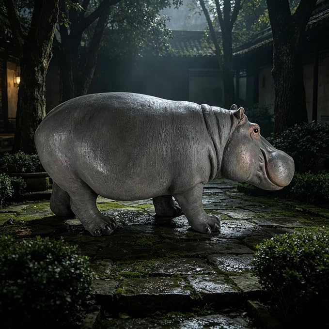 27.56" Large Weather Resistant Hippopotamus Garden Statue, Realistic Resin Hippo Wildlife Sculpture, Outdoor Decor for Lawn Yard Patio Pond Landscaping