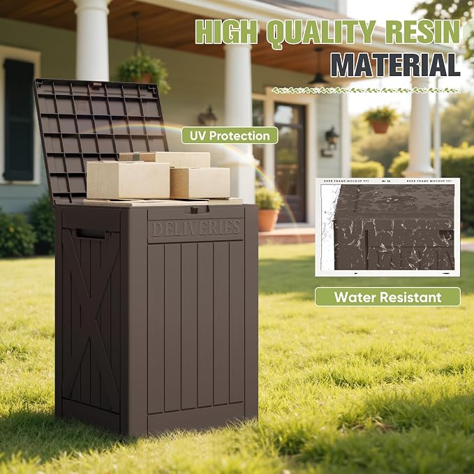 Greesum 48 Gallon Outdoor Package Delivery Box with Lock, Waterproof Secure Parcel Drop Box for Porch, Double-Wall Resin Storage, Brown