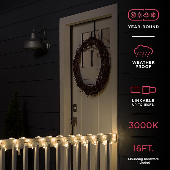 UltraPro LED Rope Lights, 16ft Classic Clear Rope, Warm White Light 3000K, Indoor/Outdoor, Flexible, Linkable, Durable, Rope Lights Outdoor, 54503