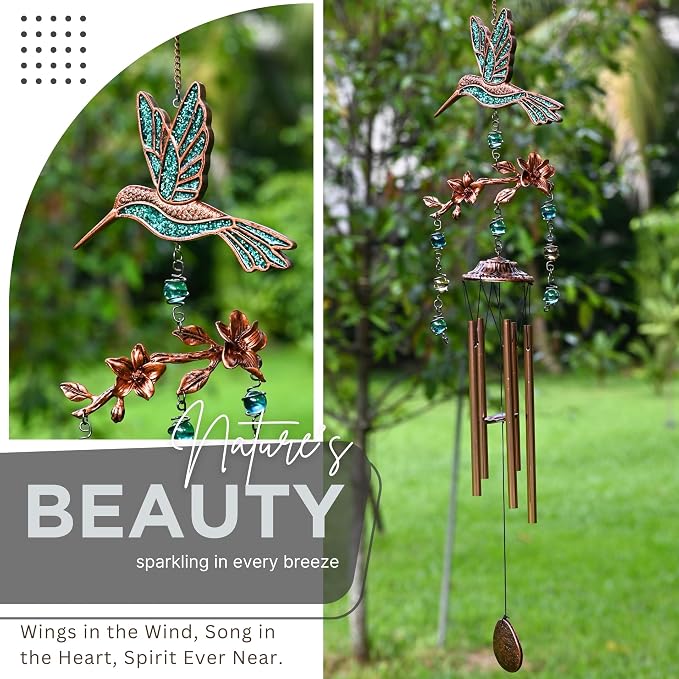 Wind Chimes - Wind Chimes for Outside Deep Tone 32 inches 5 Aluminum Tubes, Birthday, Memorial, Gifts for Mom, Grandma, Daughter, Decoration for Home, Garden, Patio (32" Hummingbird Turquoise)