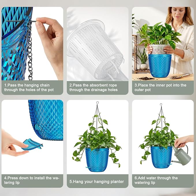 QCQHDU Hanging Planters for Indoor Plants, 2-Pack, 7.2 Inch, Klein Blue | Plastic, Self Watering Plant Hanger, with Drainage Holes, 3 Hooks Chains, For Garden Home