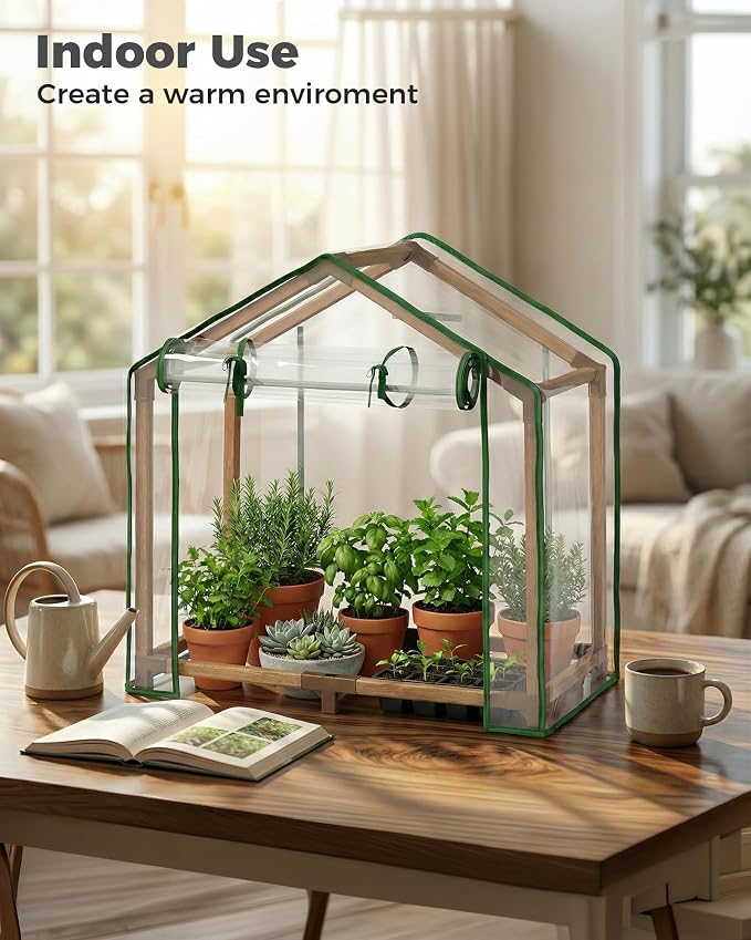 Bamworld Mini Greenhouse Indoor Desktop with Zippered Doors Portable Plant Hot House with Durable PE Cover Ventilation Window for Seed Starting&Plant Growth