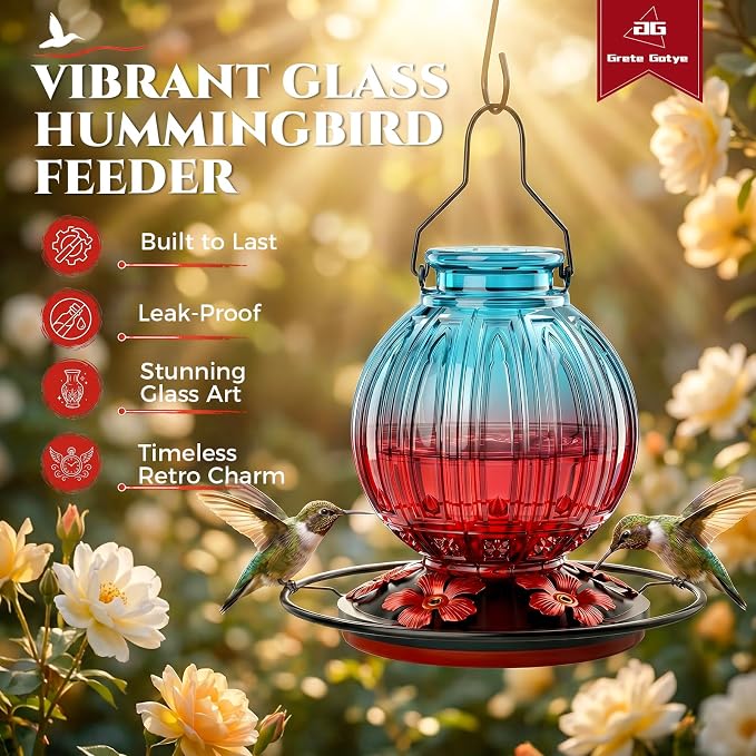 Glass Hummingbird Feeder for Outdoors Hanging, 26Oz Bird Nectar Feeder with Perch & 5 Flower Feeding Ports, Leak Proof for Outside Garden Decor Backyard, Gifts for Women Mom, Blue & Red