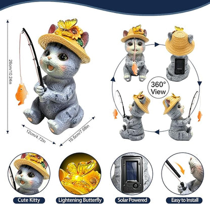 VOOKRY Solar Garden Cat Statues, Outdoor Fishing Cat with Solar Lights Waterproof, Birthday Gifts for Cat Lovers Mom Women Christmas, Garden Figurines for Yard Decor Patio Porch Lawn Ornaments