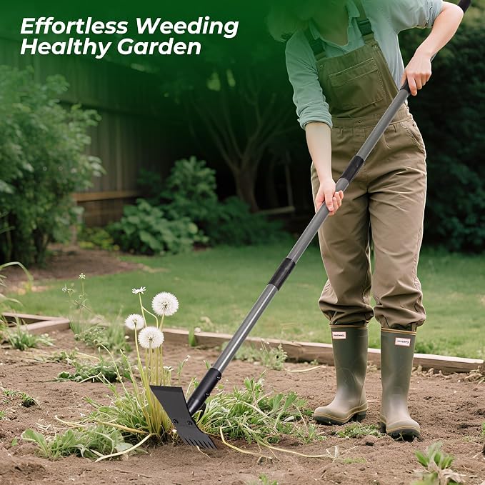Walensee 2-in-1 Weed Puller Tool and Garden Hoe, Long Handle Weed Rake | Durable 3.5mm steel head, 64-inch adjustable handle. Ergonomic design relieves back strain while removing deep-rooted weeds.