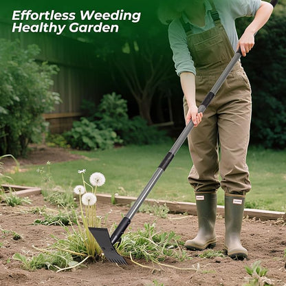Walensee 2-in-1 Weed Puller Tool and Garden Hoe, Long Handle Weed Rake | Durable 3.5mm steel head, 64-inch adjustable handle. Ergonomic design relieves back strain while removing deep-rooted weeds.