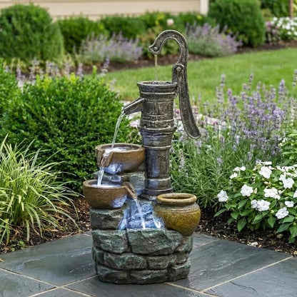 32 Inch Large Outdoor Fountain with Vintage Pump Design, Freestanding Resin Waterfall Feature, Weather Resistant Construction for Patio Yard Garden Backyard Entryway Decor