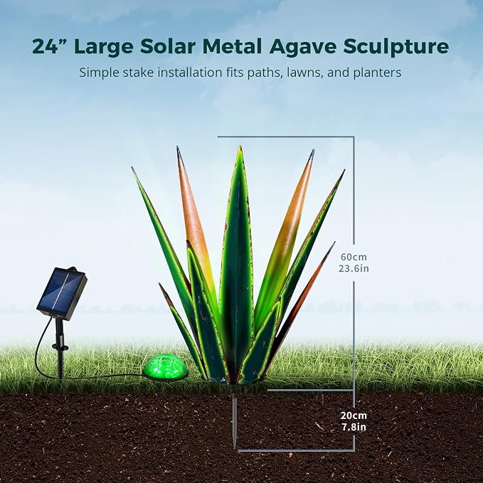 KODIBO 24” Metal Agave Plant Outdoor Decor with Solar Light, Vintage Green | IP65 Waterproof Solar Garden Light, Weather-Resistant Metal, Tequila Rustic Sculpture for Patio Yard Flower Bed, Home Decor