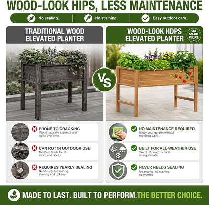 YEFU 48" Raised Garden Bed with Legs, HIPS Outdoor Garden Bed, Teak | Raised Garden Bed with Legs for Patios & Decks, 30" Height, Wood-Look HIPS, Drainage, 385 lbs Support for Vegetables & Herbs
