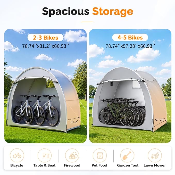 VINGLI Bike Storage Shed Tent for 2-3 Bikes, Outdoor Portable Bicycle Storage Shed with Carry Bag, Waterproof Bike Tent for Motorcycle, Garden Tools, Lawn Mower, Light Gray