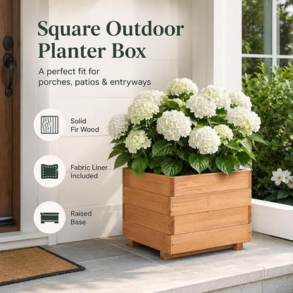 15.75" Square Wooden Planter Box, Fir Wood Planters for Outdoor Plants | 12.6" H Outdoor Planter with 2 Drainage Holes, Mortise & Tenon Corners