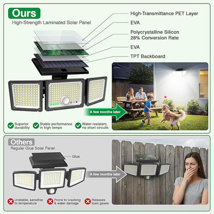 Solar Outdoor Lights Motion Sensor, 2500LM 286 LED Security Flood Lights with Visual Battery & Mode Display, 3 Lighting Modes, IP65 Waterproof 3-Head Wide Angle for Garage, Yard, Patio (6 Pack)