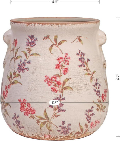 Xiaan Jiaju 6.7" French Country Ceramic Plant Pot with Drainage Hole | Vintage Ice Crackle Planter, Decorative Vase or Kitchen Utensil Holder, Rustic Decor for Indoor & Outdoor Home & Garden