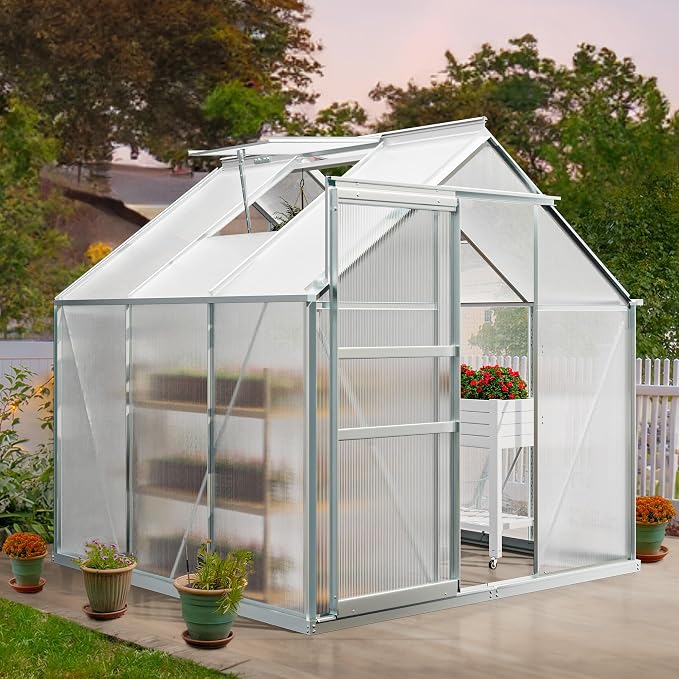 YITAHOME 6x6FT Polycarbonate Greenhouse Heavy Duty Green Houses Outdoor Greenhouses Aluminum Sliding Doors Vent Window Large Sun House for Garden Backyard, Silver