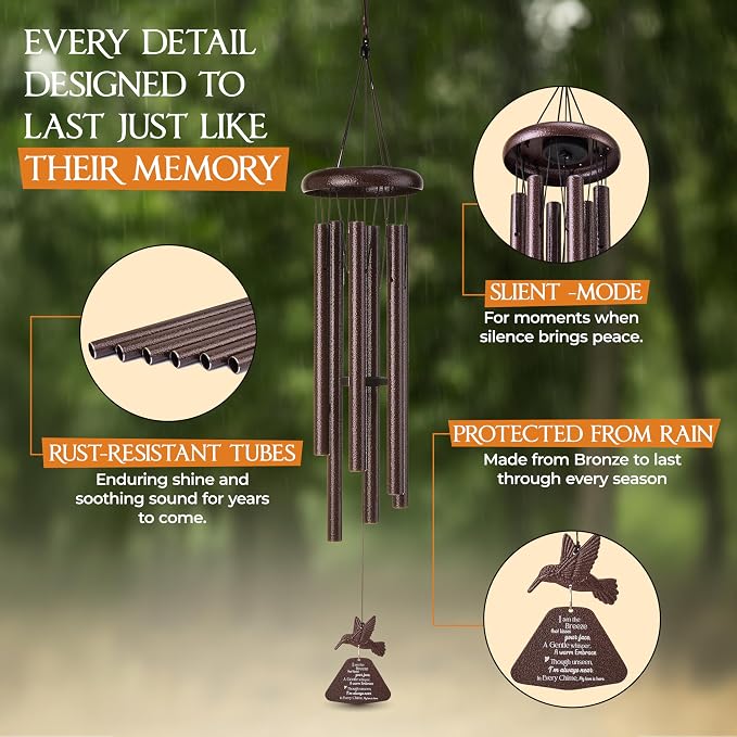 32 Inch Hummingbird Memorial Wind Chimes Outdoor, Sympathy Gifts for Loss of Loved One, Memorial Gifts for Loss of Mom, Sympathy Wind Chimes for Mother, Father, Brother, Sister