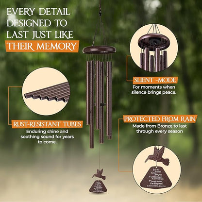 32 Inch Hummingbird Memorial Wind Chimes Outdoor, Sympathy Gifts for Loss of Loved One, Memorial Gifts for Loss of Mom, Sympathy Wind Chimes for Mother, Father, Brother, Sister