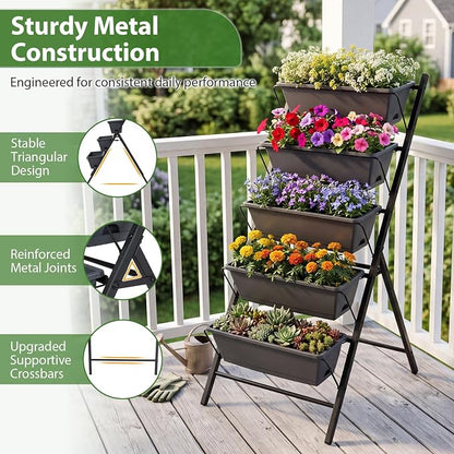 Giantex 5-Tier Vertical Garden Planter, Raised Garden Bed w/Drainage System & Removable Tray, Metal Frame Elevated Planter Boxes for Herb Vegetable Flower Grow, Outdoor Indoor Patio Balcony Backyard