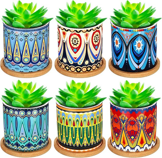 Zopeal 6 Pcs 3 Inch Succulent Pots Succulent Planters Cylinder Ceramic Pots Mandala Multicolor Cactus Pot with Drainage Holes and Bamboo Trays for Indoor Plants Flowers Garden Decoration(Basic)