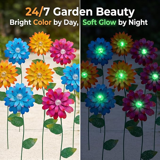 Garden Decor for Outside, 3 Pack Metal Flower Garden Stakes with Glow Beads, Swaying Yard Art for Lawn, Patio, Flower Beds & Outdoor Garden Decorations