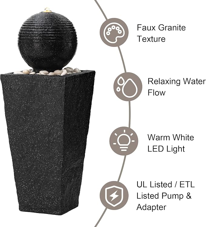 Glitzhome Outdoor Water Fountain with LED Light & Pump, Black Pedestal Sphere Fountain Decorative Water Fountains, Modern Waterfall Floor Fountain with Pebbles for Garden Patio Decor Porch, 31.75”H