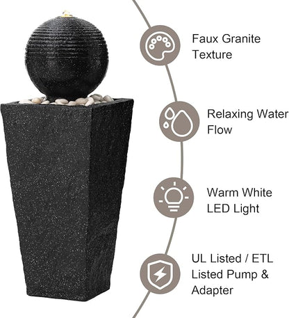 Glitzhome Outdoor Water Fountain with LED Light & Pump, Black Pedestal Sphere Fountain Decorative Water Fountains, Modern Waterfall Floor Fountain with Pebbles for Garden Patio Decor Porch, 31.75”H