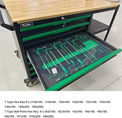 7-Drawers Professional Tool Cart Cabinet,Rolling Tool Chest with Double Shelves,Wood Workbench,51.1W x 18.9D x 32.3H inches for Garage, Workshop, or Outdoor Use(7 Drawers + 258 Pieces Tool)