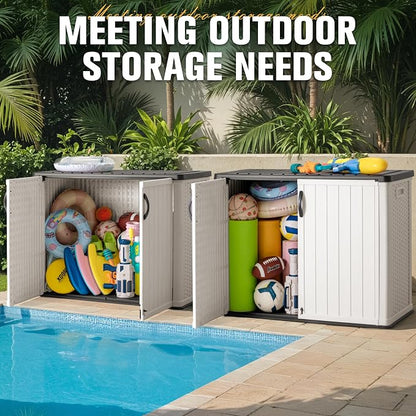 Greesum Outdoor Horizontal Storage Sheds 26 Cu.ft Resin Large Storaged Box Weather Resistance, Without Shelf, Easy to Assemble, Prefect for Garden, Patios, Backyards, White