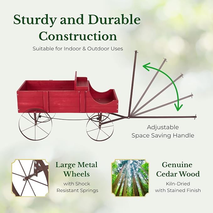 Shine Company Decorative Wagon Garden Planter, Wooden Wagon Yard Décor for Outdoor Plants, Large, Red