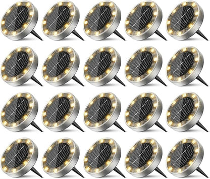 20 Pack Solar Ground Lights Outdoor, 8 LED Mini Flat Solar Disc Lights, IP65 Waterproof Pathway Lights Solar Powered, Landscape Lighting for Garden Walkway Driveway Yard Lawn,Warm White