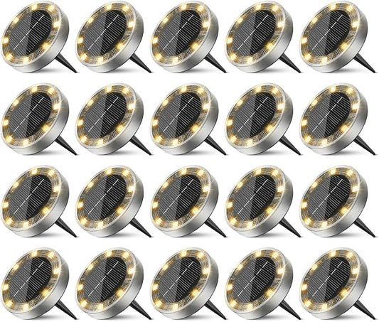 20 Pack Solar Ground Lights Outdoor, 8 LED Mini Flat Solar Disc Lights, IP65 Waterproof Pathway Lights Solar Powered, Landscape Lighting for Garden Walkway Driveway Yard Lawn,Warm White