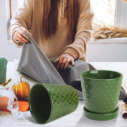 EFISPSS Ceramic Plant Pots, 5 Inch Planters with Drainage Holes and Ceramic Tray, Relief Design Flower Planter, Desktop Office Windowsill Decoration Gift Set of 4 - Blackish Green