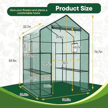 OLIXIS Outdoor Greenhouse, Walk-in Greenhouse with 2 Tier 8 Plant Shelves, Durable PVC Cover, 56"x56"x77" Portable Greenhouses for Outdoor Garden, Patio, Porch, Backyard Green Houses, Green