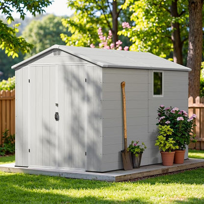 Greesum 6x10FT Plastic Outdoor Storage Shed with Floor, Resin Storaged Sheds with Lockable Double Door, Windows & Vents, All-Weather Tool Sheds for Patio, Garden, Backyard, Light Gray
