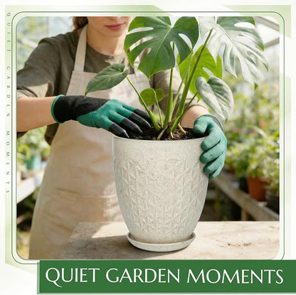 11.8 Inch Flower Pots for Indoor Plants,Ceramic Planter with Saucer Drainage Leak-Proof Mesh Gardening Gloves (Silk-White)