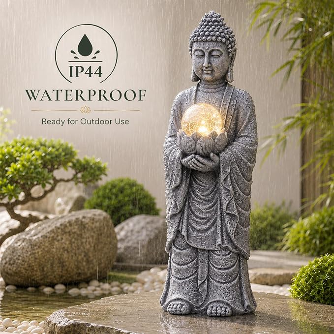 Goodeco Buddha Statue with Solar Lotus – 18.2 Inch Tall Large Garden Buddha Statue for Outside, Outdoor Zen Garden Statues