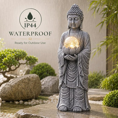 Goodeco Buddha Statue with Solar Lotus – 18.2 Inch Tall Large Garden Buddha Statue for Outside, Outdoor Zen Garden Statues
