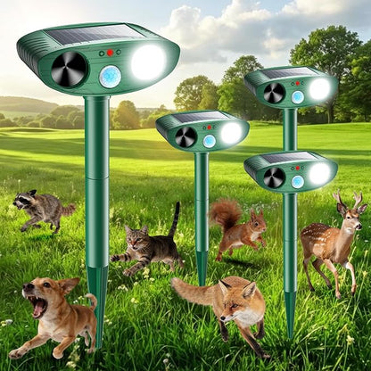2026 Upgraded Ultrasonic Solar Animal Repellent Outdoor, Deer Repellent Devices Squirrel Cat Raccoon Rabbit Dog Deterrent with Motion Sensor Flash Light for Yard Garden Lawn